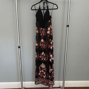 Sky Black Floral Crochet Halter Maxi Dress